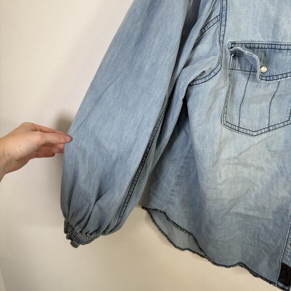 We the Free With Love Cotton Denim Shirt Blue Boho Western Pearl Snap Womens XL - Picture 4 of 8
